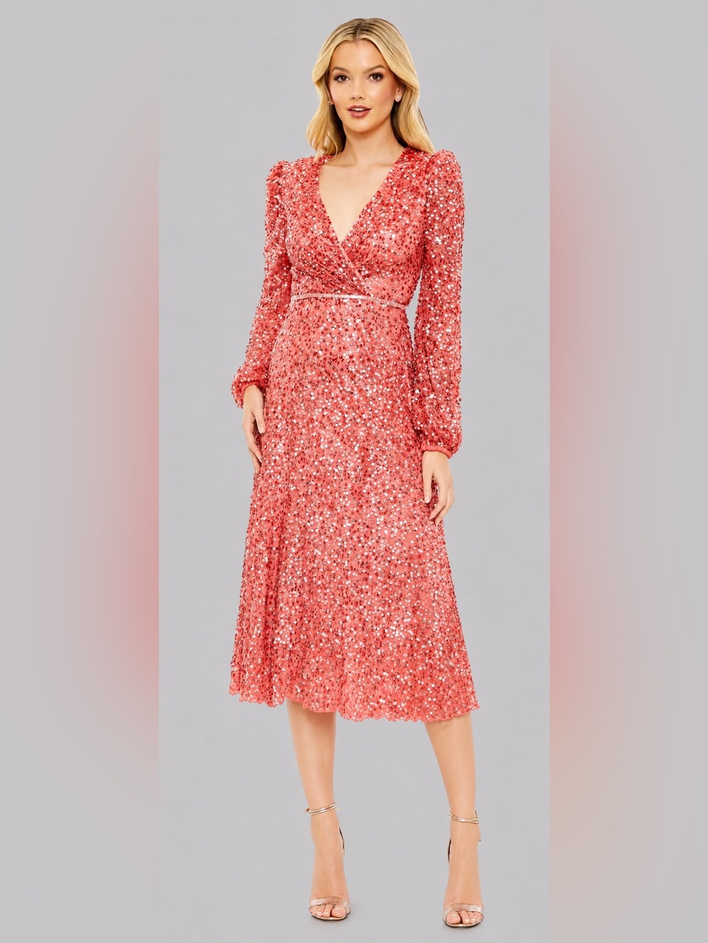 Mac Duggal Sequin Mesh Midi Dress Pink 10 Puff Sleeve V-Neck Glam Wedding Guest